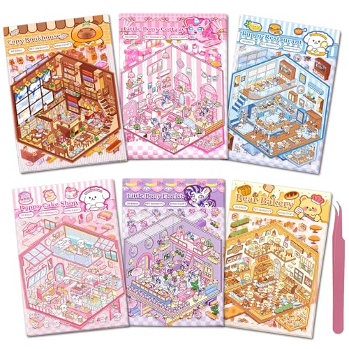 DIY 3D Sticker Scene, 6 Sets of Stickers for Girls Make Your Own Mini Room Scene Stickers for Kids Cute Kawaii Sticker Therapy for Adult Relief Stress, Holiday & Christmas Fun