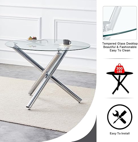 Miniatura 55 de Mesa redonda de comedor de vidrio para 2 a 4, moderna mesa superior de vidrio templado, patas cromadas resistentes, almohadillas ajustables, mesa de