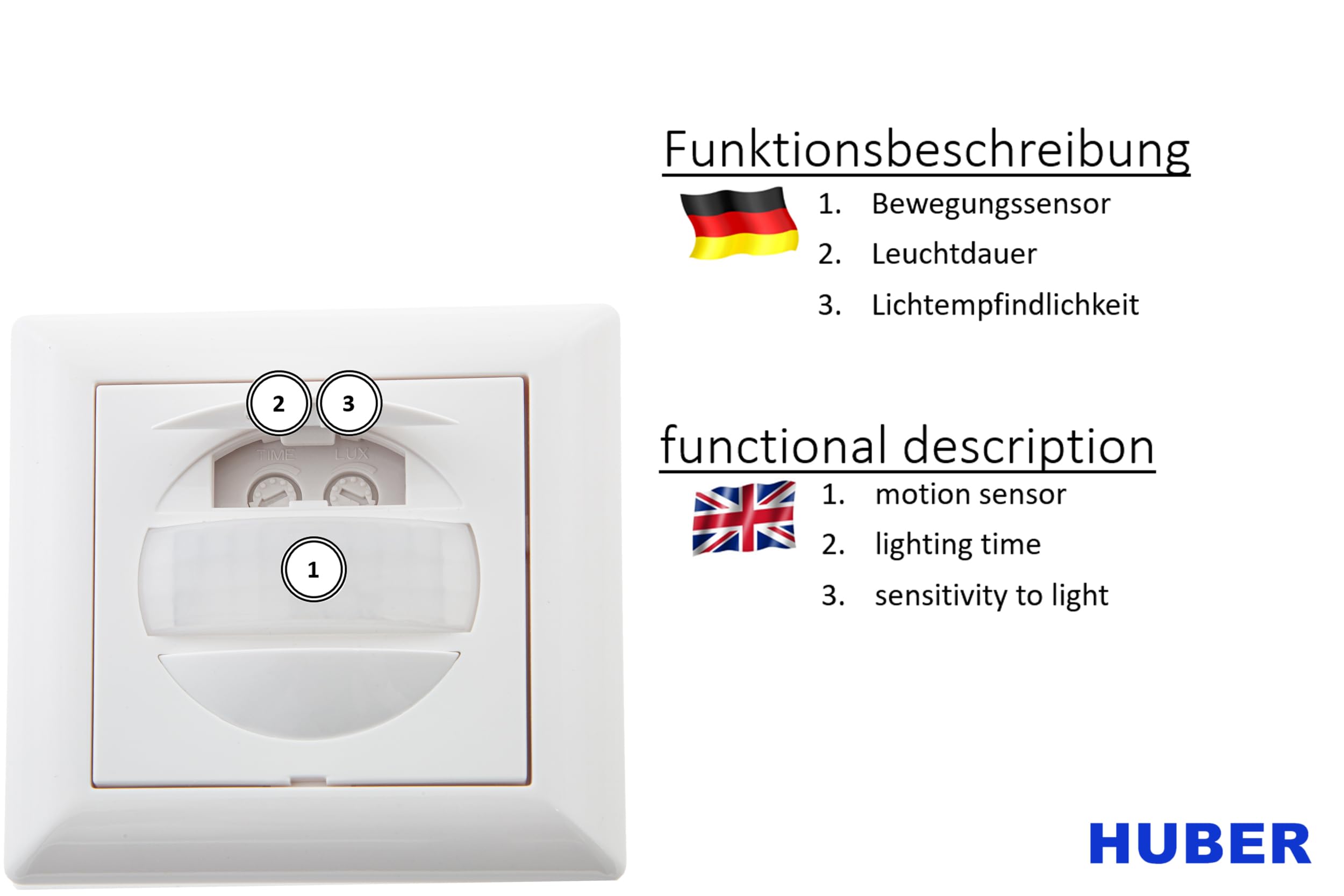 HUBER Motion 13R PIR Czujnik Ruchu 170° - Podtynkowy, Do Użytku Wewnątrz, Z Przyciskiem, Do Serii Przełączników [55 x 55 mm], 3-Przewodowe Wyjście Przekaźnikowe