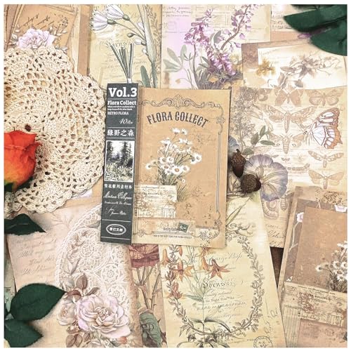 コラージュ 素材 デザインペーパー 詰め合わせ Arpaper シール レトロ 両面印刷 素材紙 背景紙 紙もの ペーパー おしゃれ かわいい 40枚セット ヴィンテージ クラシック アンティーク 花 英字 女の子 (緑野の森2)