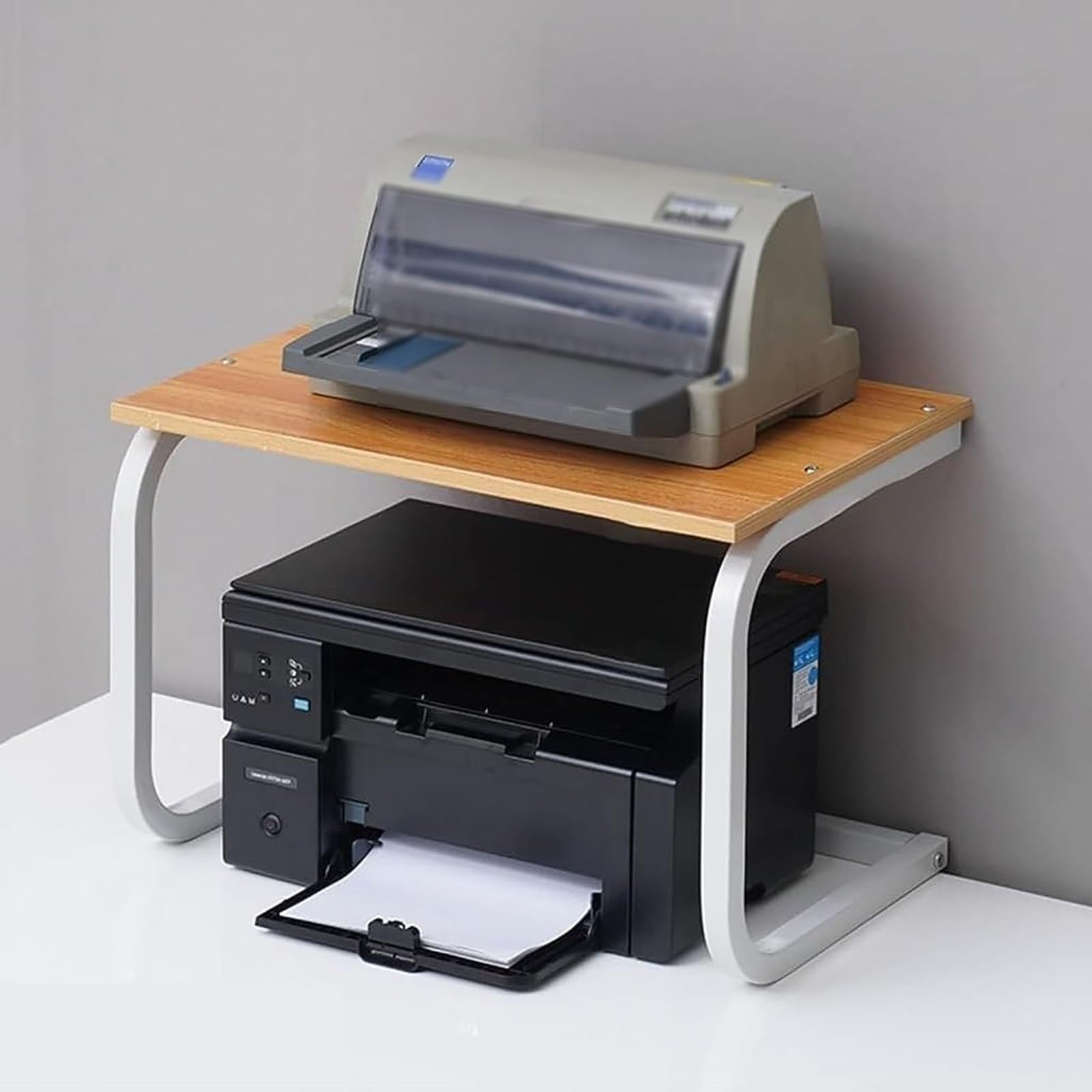 Supporto per stampante desktop, 2 ripiani, salvaspazio, per scrivania di casa e ufficio, adatto per fax e scanner, facile da montare, marrone, 48 x 30 x 33 cm, ideale per piccoli spazi