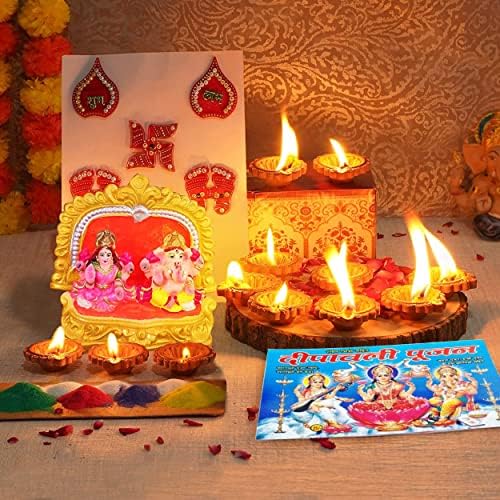 TIED RIBBONS Laxmi Ganesh Statue, Diwali Diya Set 12 and Rangoli, Pooja Book, Charan Paduka Stickers Lakshmi Ganesha Clay Idol for Pooja Mandir Temple - Diwali Decorations for House and Diwali Gifts
