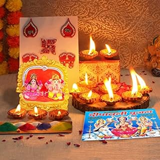 TIED RIBBONS Laxmi Ganesh Statue, Diwali Diya Set 12 and Rangoli, Pooja Book, Charan Paduka Stickers Lakshmi Ganesha Clay Idol for Pooja Mandir Temple - Diwali Decorations for House and Diwali Gifts