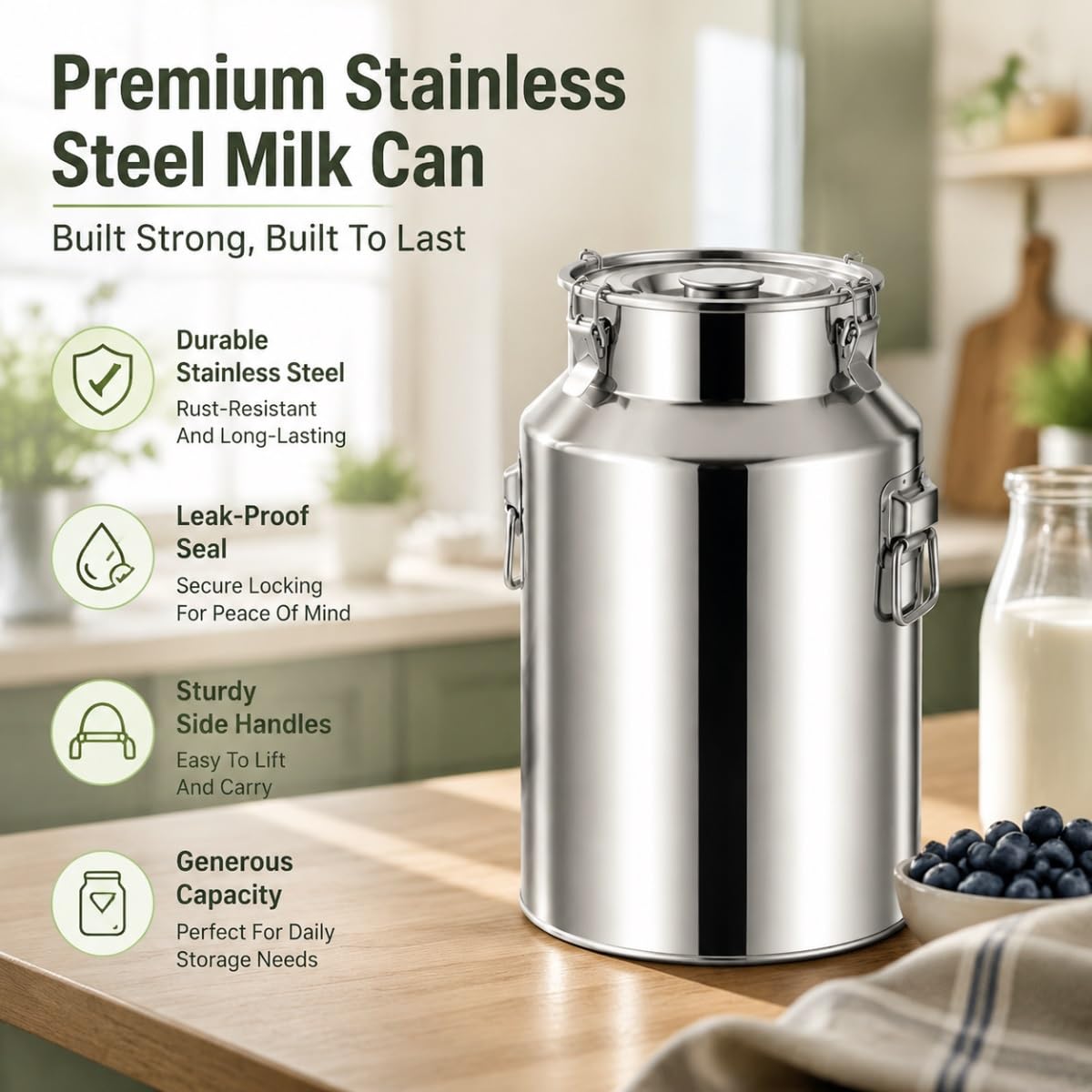 Jarra de Leche de Acero Inoxidable, 5-100L Cubo Sellado con Tapa y Asa