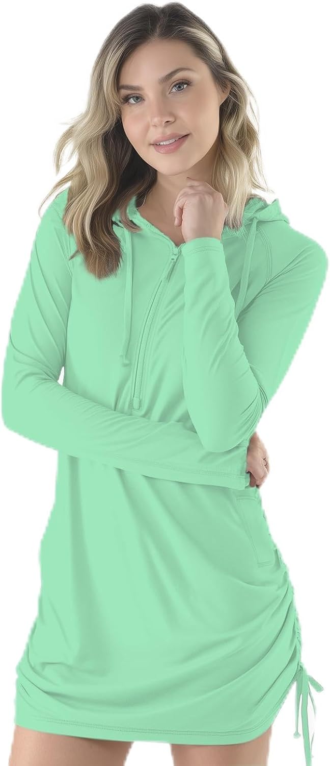 Palmyth Womens Swim Cover Up UPF 50+ Long Sleeve Hooded Dress with Pockets Sun Protection SPF Beach Coverup