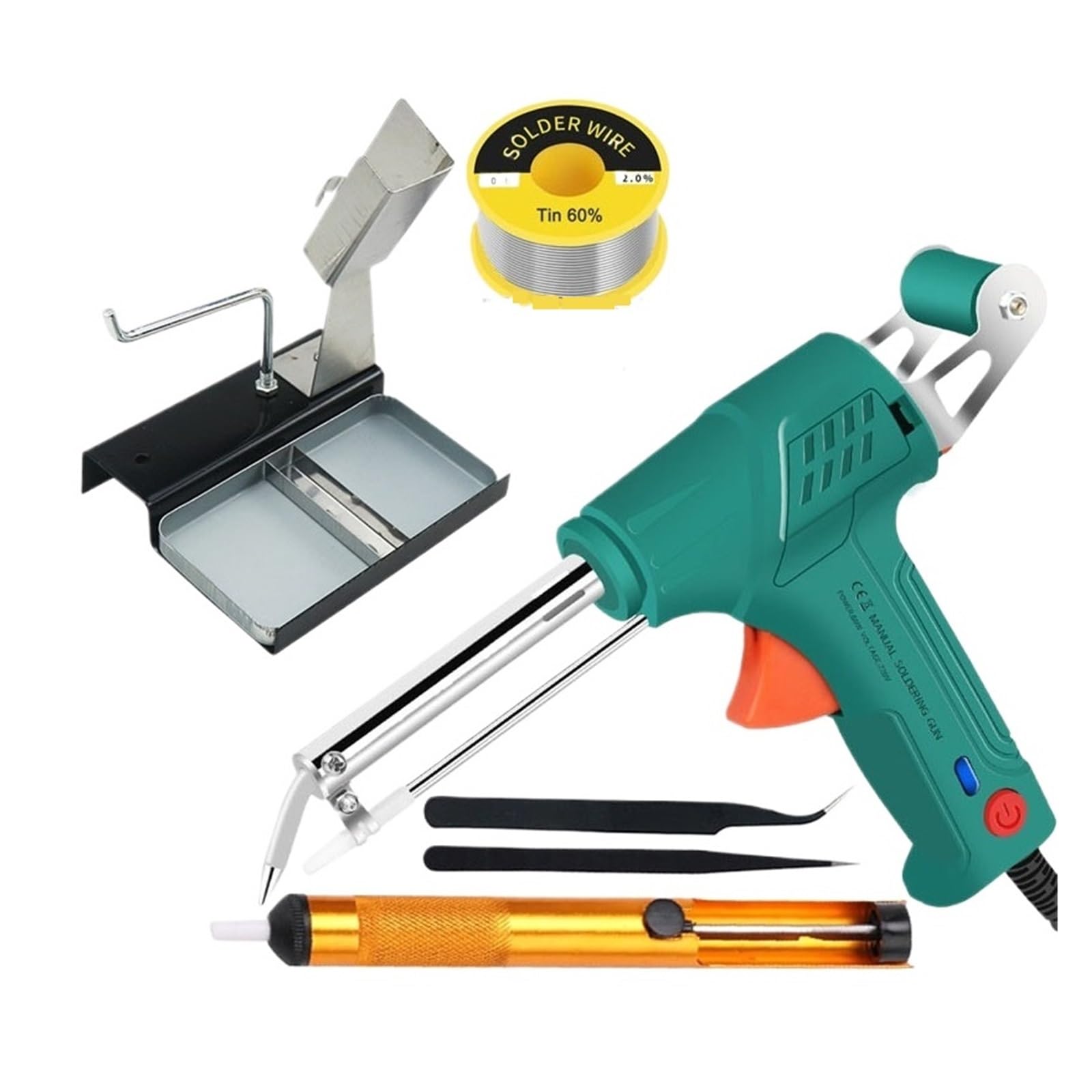 Kit De Pistola For Soldar Electrónico De 60W, Pistola De Soldar De Estaño Duradera Con Interruptor De Luz, Equipo De Calor Externo For Microchip Ampliamente Utilizado(6 pcs Kit with Stand)