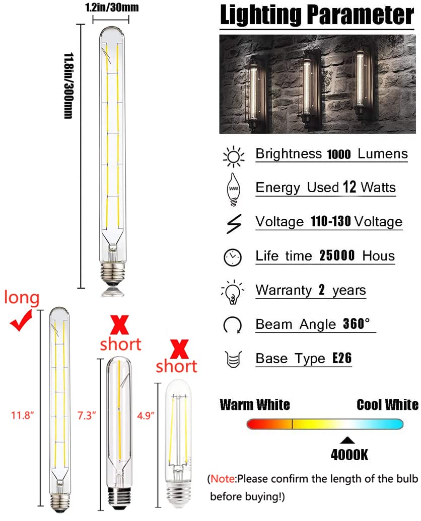 HXMLS Dimmable Led Tubular Bulb T300,T30 Long Tube Edison Light Vintage Filament Bulb12W,100W Equivalent,4000K Daylight White,Clear Glass Cover E26 Medium Base,11.8inch?4 - Pack.…