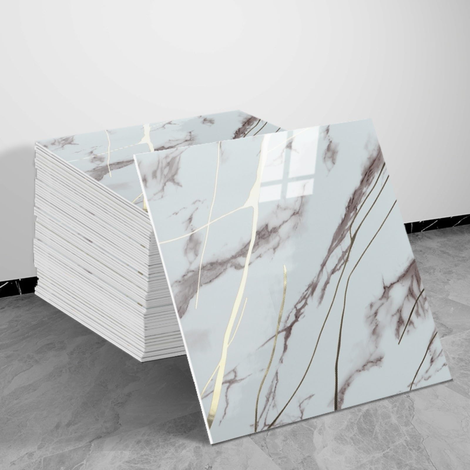 30x30cm Peel and Stick Marble Wall Tiles with Gold Veins, Glossy Waterproof PVC Backsplash for Kitchen Bathroom (50pcs-30x30cm,258)