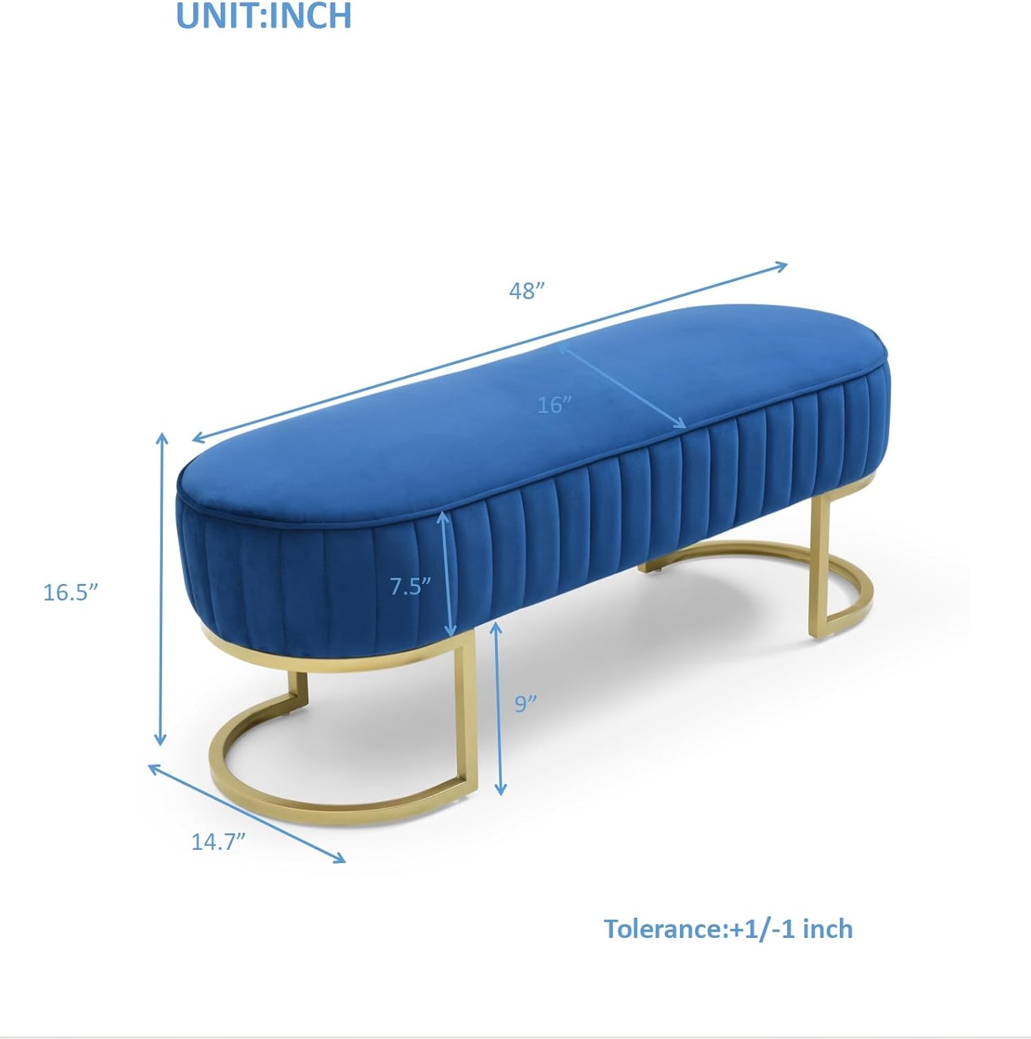 Velvet Storage Bench, Oval Upholstered End of Bed Bench with Golden Metal Legs, 50" Modern Ottoman Bench for Bedroom, Living Room,Entryway,Window (Blue)