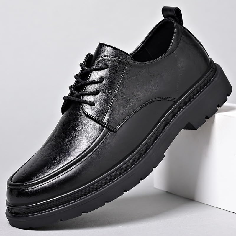 Men's Genuine Leather Platform Slip-On Oxfords Formal Pointed Toe Lace Up Casual Business Suit Tuxedo Shoes Mid Chunky Heels Formal Dress Loafers Low Top Work Dress Shoes(Black,8.5)4