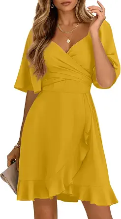 Dokotoo Women's Wrap V-Neck Short Flared Sleeve Wedding Guest Dress