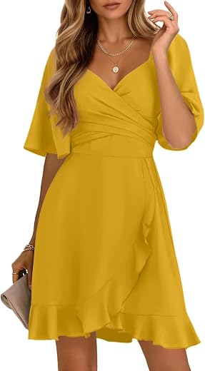 Dokotoo Women's Wrap V Neck Short Flared Sleeve Wedding Guest Dress Smocked Elastic Waist Tiered Belted Ruffle Hem Mini Dress