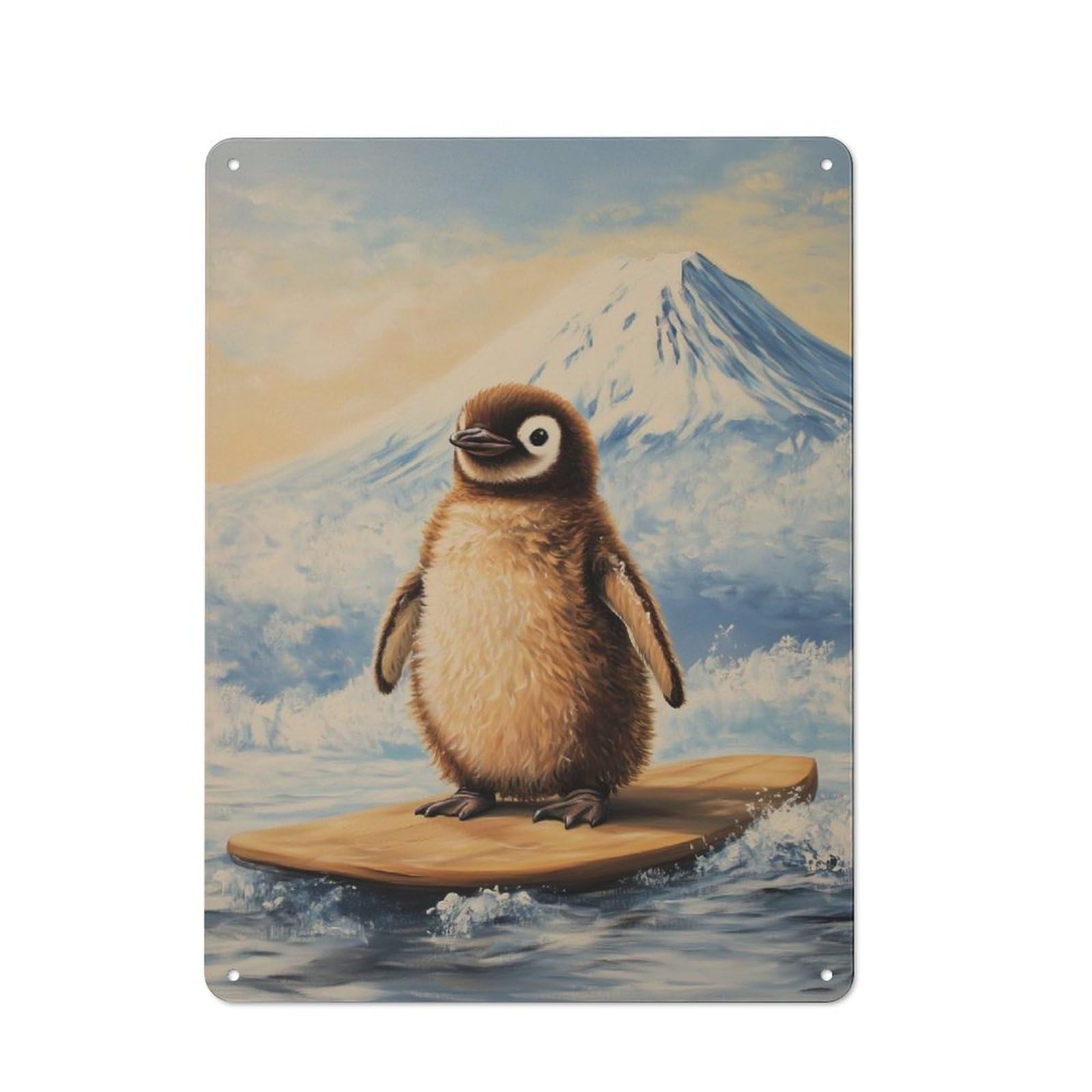 Metal Wall Sign 40x30cm Featuring Penguin Surfing for Garage Wall, A Housewarming Gift for People Furnishing A Garage