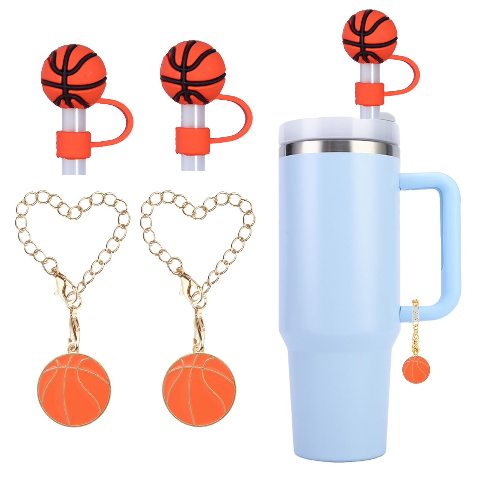Kleeblatt Basketball Straw Covers Cap For Stanley Cup, 2pcs 10mm Cute Silicone Straw Toppers For Tumblers With 2pcs Basketball Charms Personalized, Stanley Cup Accessories