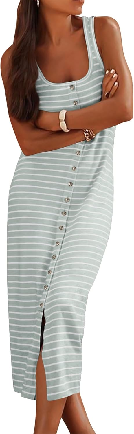 NOLLSOM Women Casual Sleeveless Striped Tank Midi Dresses Spring U Neck Bodycon Dresses T Shirt Summer Dress Bean Green X-Large