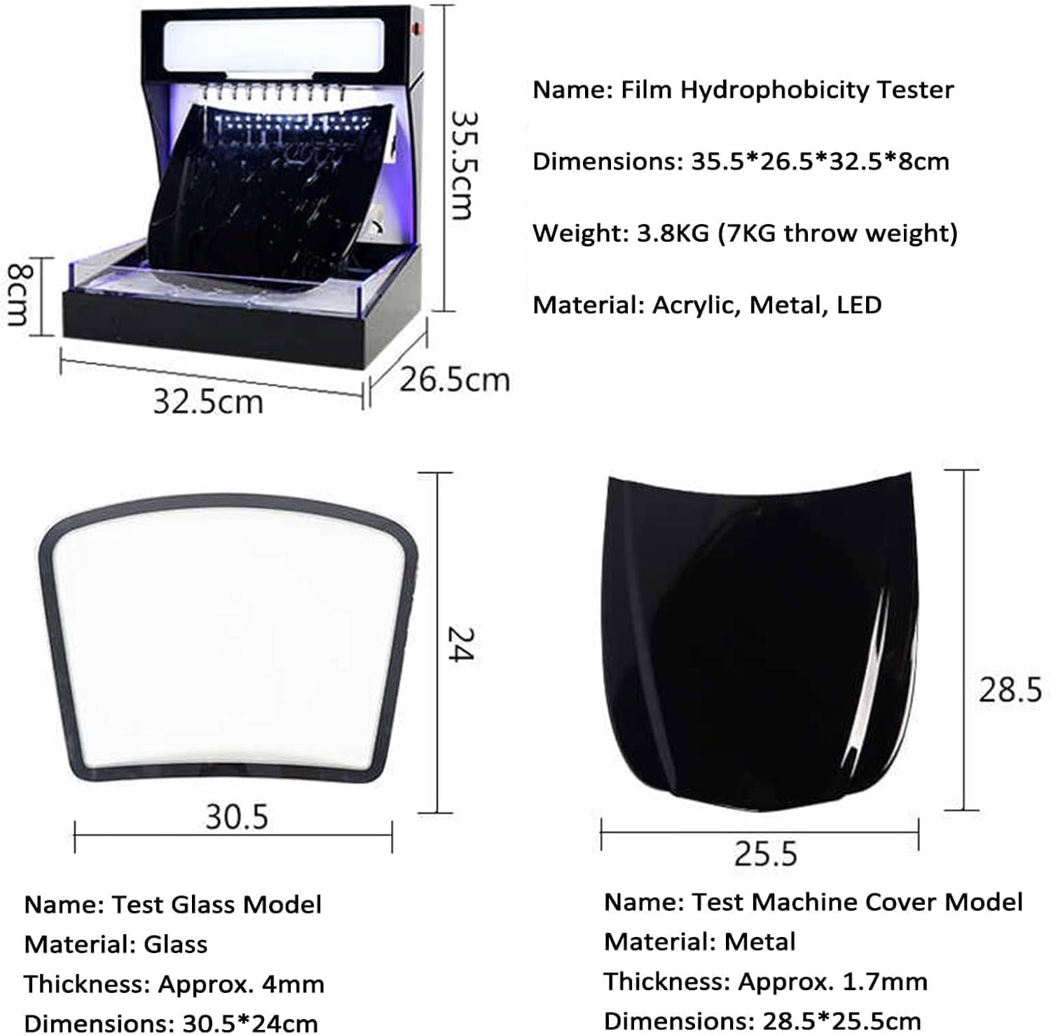 Hydrophobic Testing Machine, Film Water Repellent Performance Display, with Pump and Hood Model, LED Light, Stainless Steel Water Outlet,for Car Paint Films (White Light)