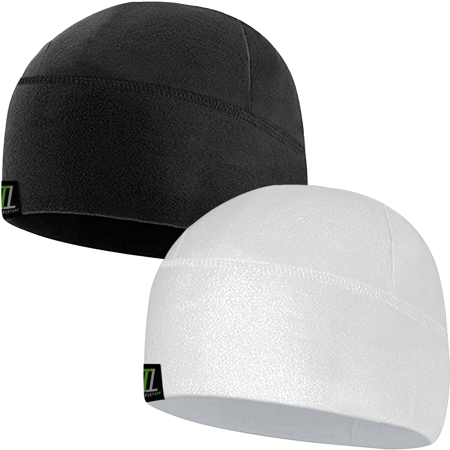 Temple Tape Unisex [2-Pack] 1-Black & 1-White Tactical Fleece Watch Cap Beanie – Skull Cap Fleece Hat - 2 Pack Black/Pure White - Xl (For Larger Heads)