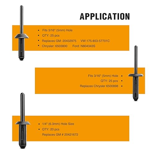 Vista 5 de GOOACC 115 Piezas Surtido de Remaches Pop Universales de Nylon Automotriz - 6 Tamaños y Aplicaciones Más Populares para GM Ford Chrysler VW