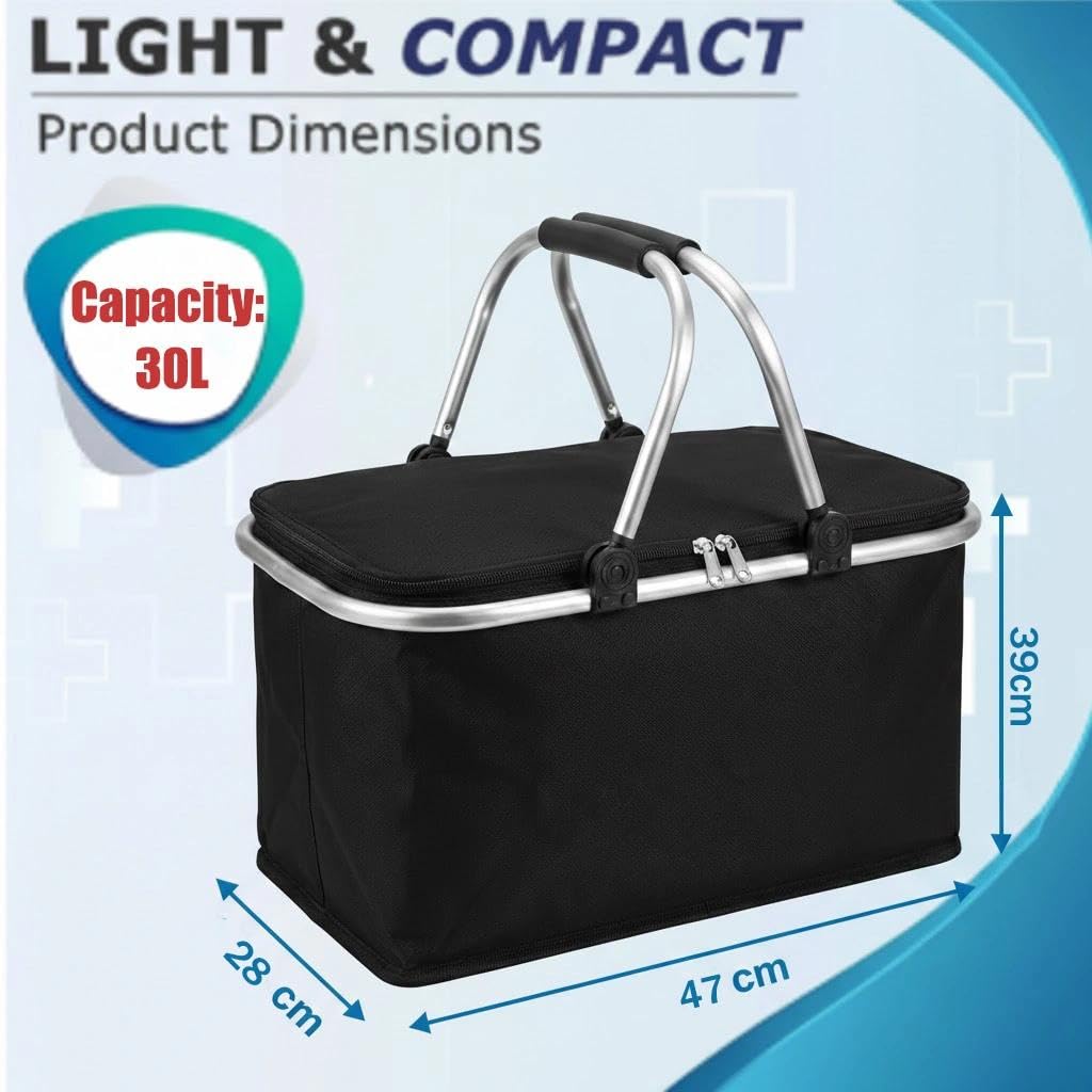 Einkaufskorb,Einkaufskorb Faltbar,Tragekorb,Kühlbox Tragbare Mit Gepolsterten Griffen,Thermo Als Picknickkorb, Für Reisen,Einkaufen,Picknick,1 Stück,30 Liter(Schwarz)