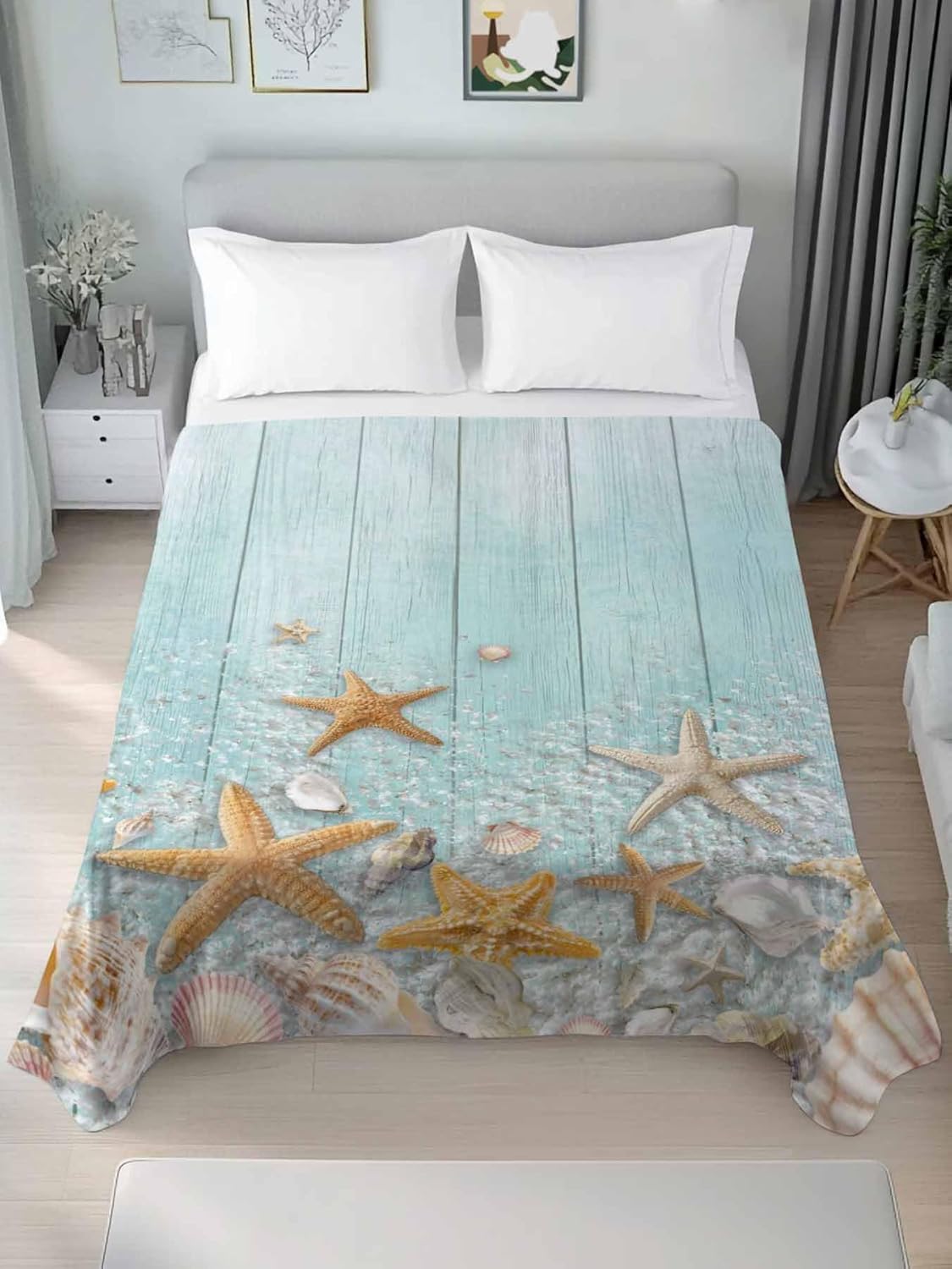 Top Sheet Full Bedding Flat Sheet Only, Summer Beach Sea Star Shell Microfiber Bed Sheets Soft Breathable Bedding Flat Sheets, Green Farm Woodcut Hotel Luxury Top Sheets