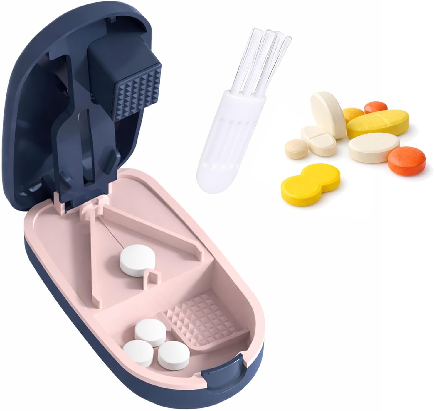 Portable Pill Cutter Splitter for Tiny Pills and Large Tablets, Easy Pill Press and Tablet Divider, Pill Organizer for Vitamins and Prescription Pills with Safety Blade Guard – Blue