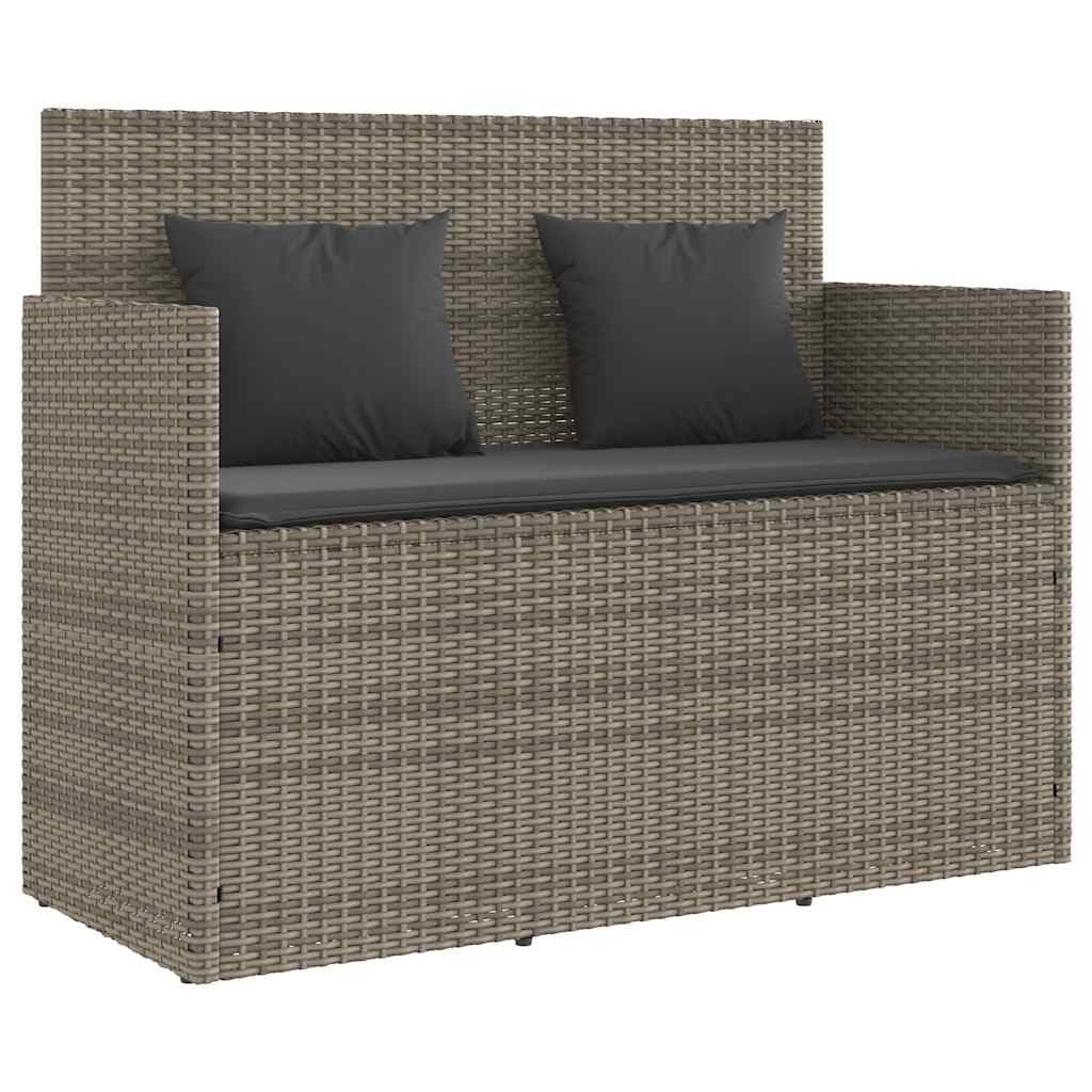 Panca da giardino con cuscino, in polyrattan grigio, panca con vano portaoggetti e borsa impermeabile, seduta imbottita con rivestimento rimovibile, coperchio sicuro con molla a gas per