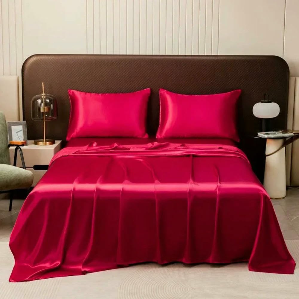Sábana Plana de Seda Helada de Lujo Negra de 2/3 Piezas con Funda de Almohada, Juegos de sábanas Suaves de Alta Gama, sábanas Lavables a Prueba de Polvo