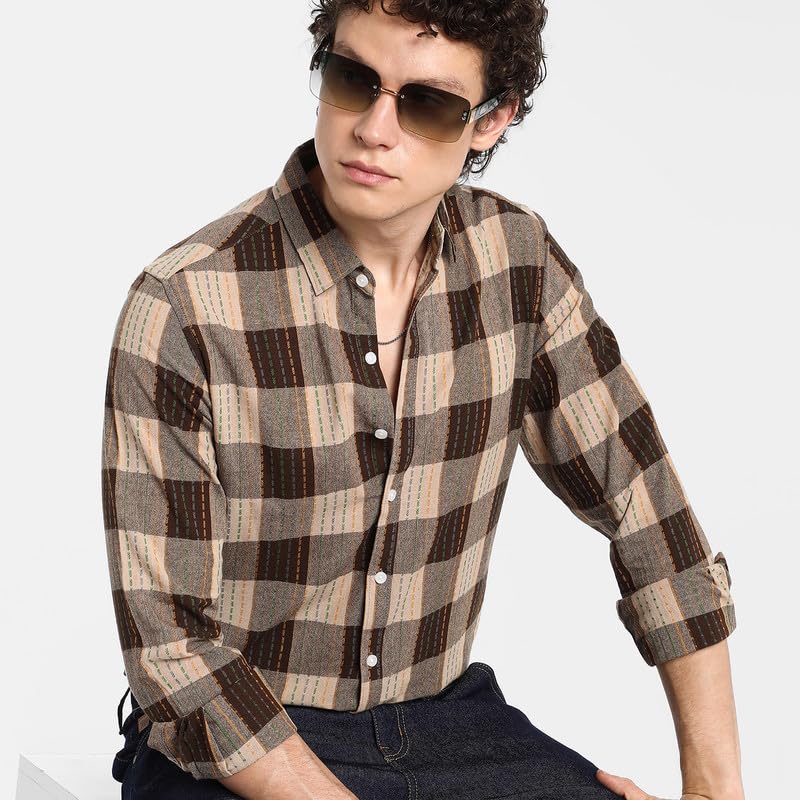 Image of CAHOOT Men's Polycotton Abstract-Textu Shirt |Casual-Wear | Spread Collar | Long Sleeve | Button Closure | Shirt Crafted with Comfort Fit for Everyday Wear