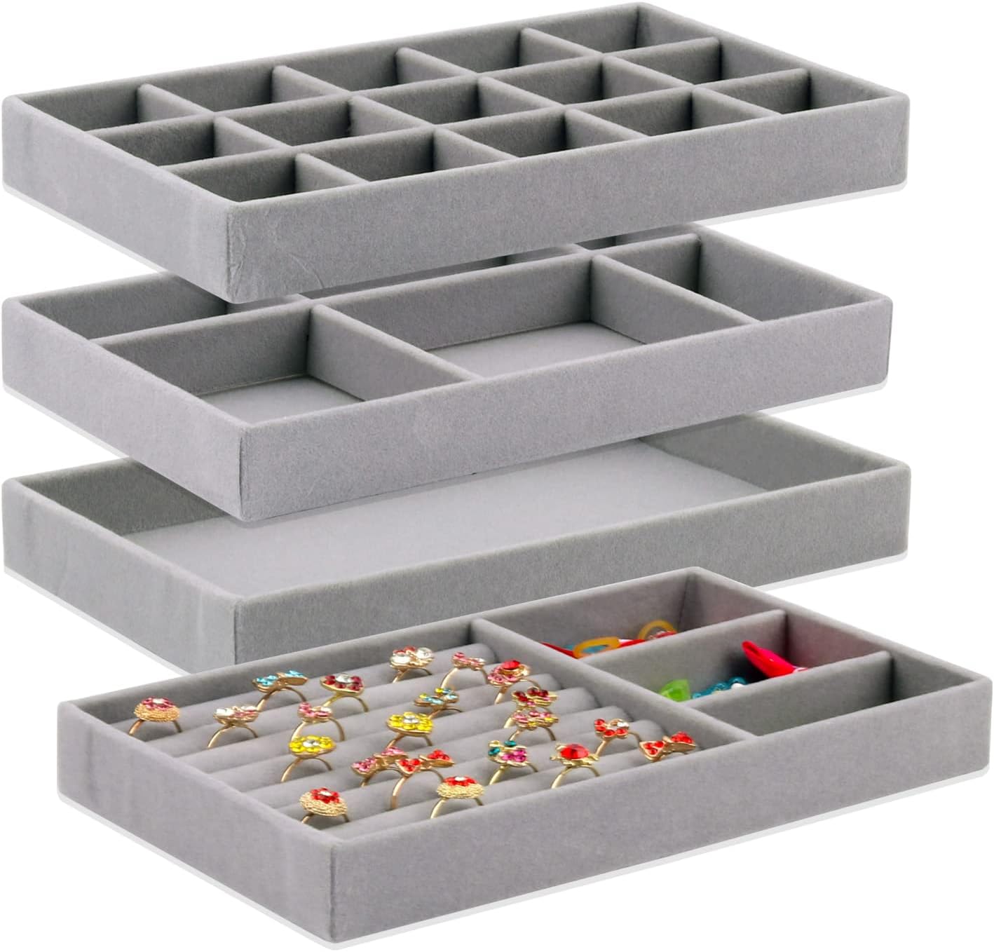 Velvet Jewelry Trays Organizer for Drawers,4 Pack Stackable