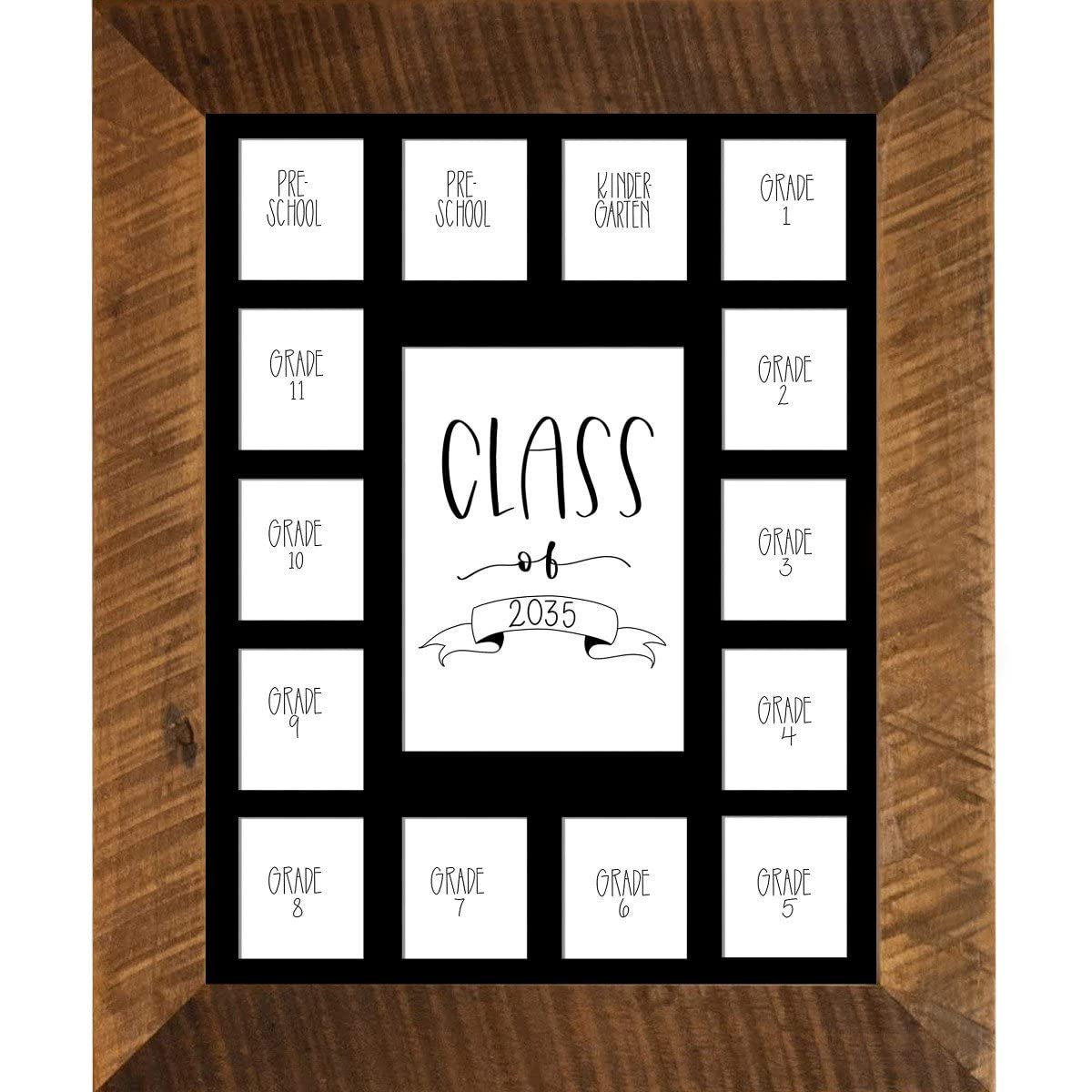 Rustic Red Door Co. School Years Reclaimed Wood Picture Frame - 11x14 Wooden Framed 15 Photo Collage Mat Pre-School &amp; Kindergarten to 12th Grade High School Graduation (Class of 2035, Black)