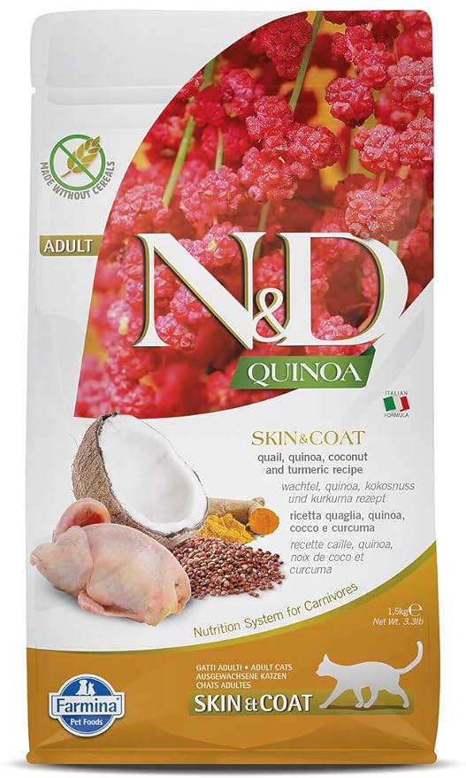 FARMINA N&D Quinoa Skin and Coat Dry Cat Food, Adult, Grain-Free, 1.5-kg, Quail Coconut and Turmeric