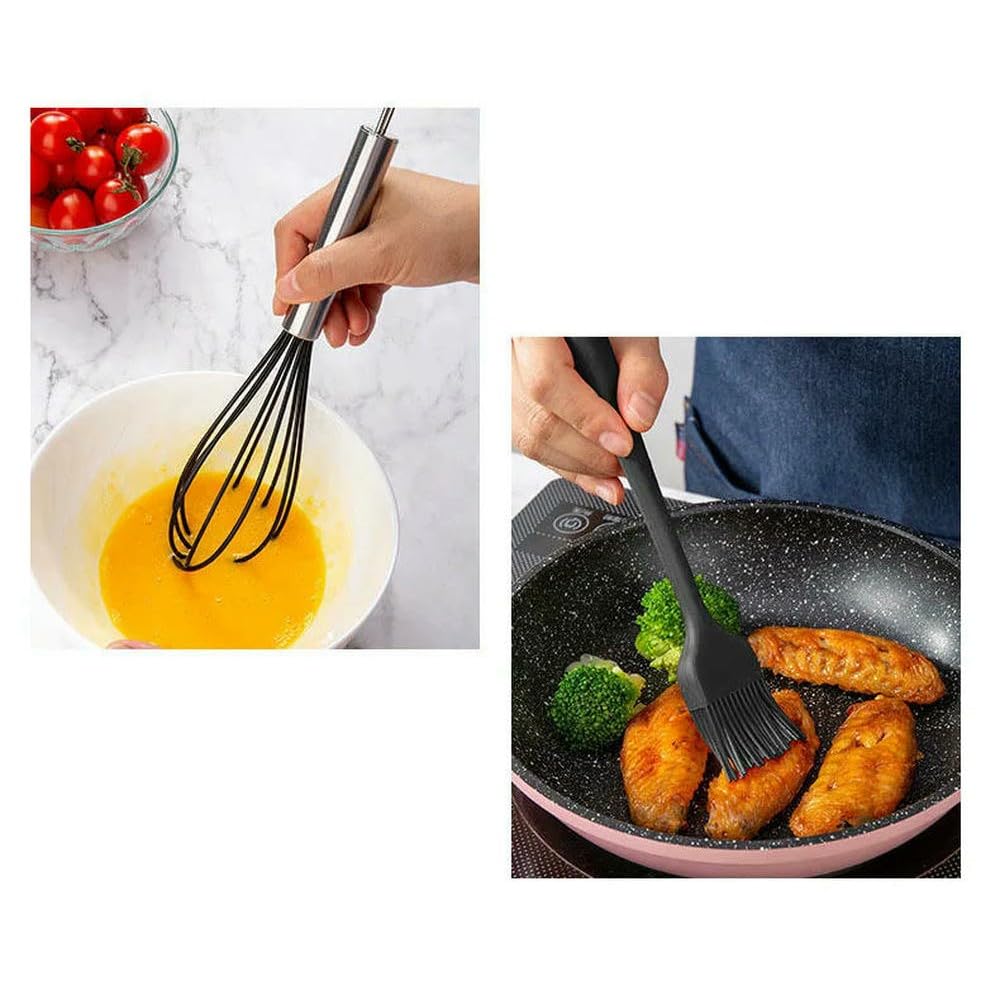WLDMA Ensemble d'ustensiles de cuisine noirs en silicone de qualité alimentaire avec spatule, pelle à soupe, cuillère à soupe, ustensiles de cuisine BPA