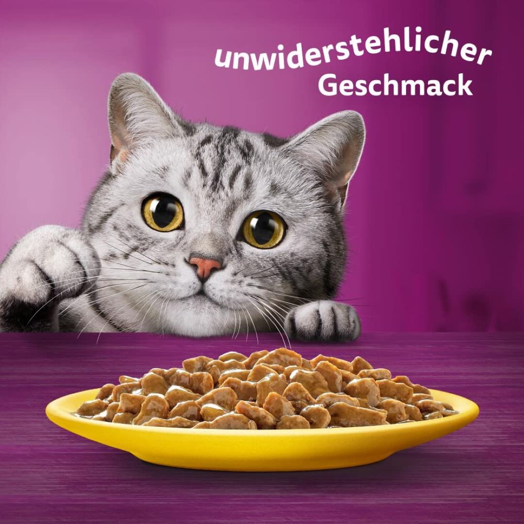 Whiskas 7+ cibo per gatti, pollame a scelta in salsa, 12 x 85 g (4 confezioni) – cibo umido di alta qualità a partire dai 7 anni in 48 sacchetti
