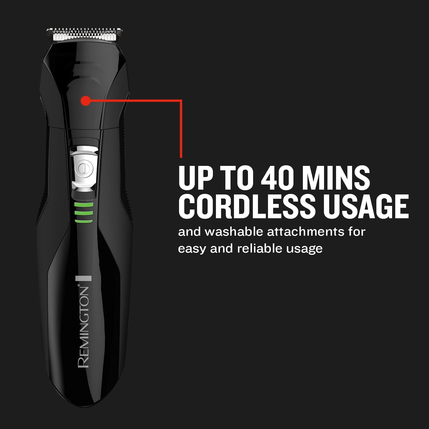 Remington PG6020 trimmer displaying battery indicator lights and highlighting up to 40 minutes of cordless usage.
