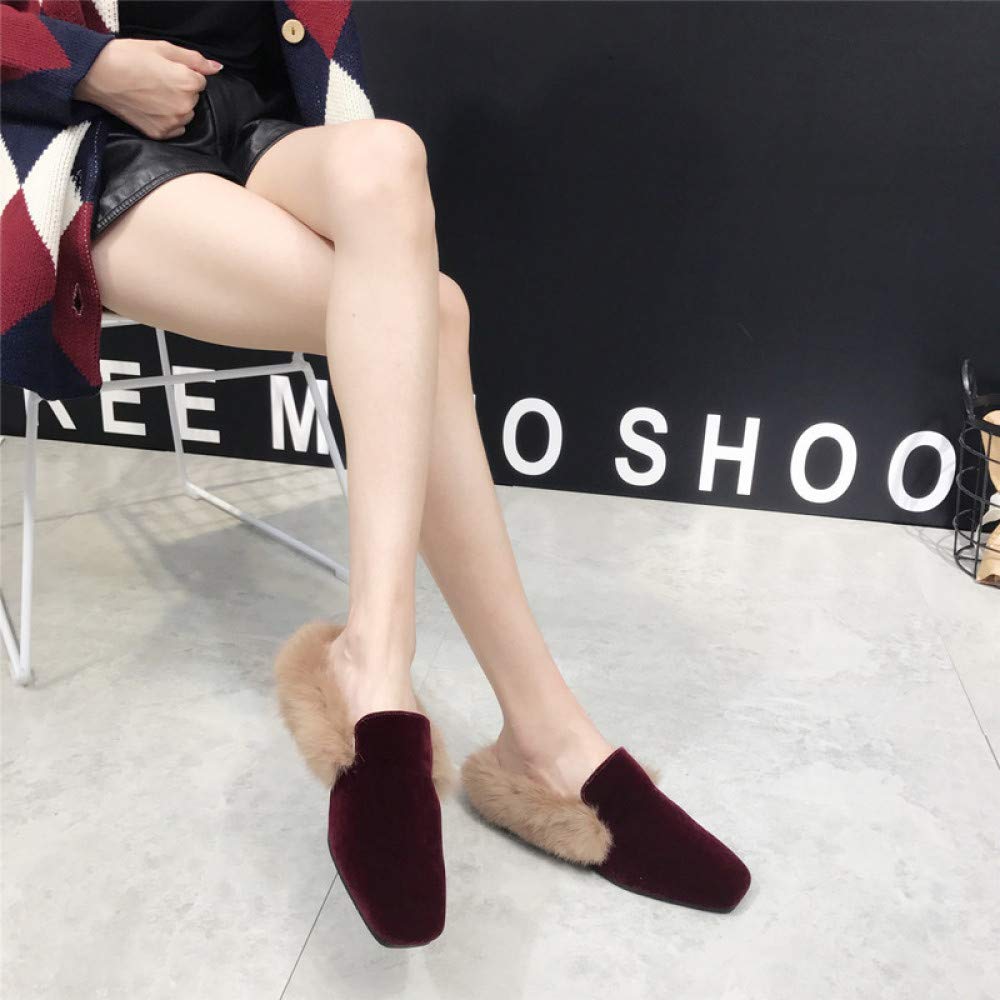 JIA HONG New Fur Slippers, Female Lazy Outer Wear, Hair Jacket, Half Slippers, Flat Round Head, Muller Shoes, Tide,Red(38)