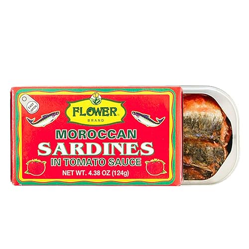 Flower Brand Sardines in Tomato Sauce Morocco Wild Sardines Canned 4.38 oz, Wild-Caught from Morocco, High Protein, Keto&Gluten Free Food, Keto Snacks, Canned Food (Pack of 5) - Sardines in Tomato - 4.38 Ounce (Pack of 5)