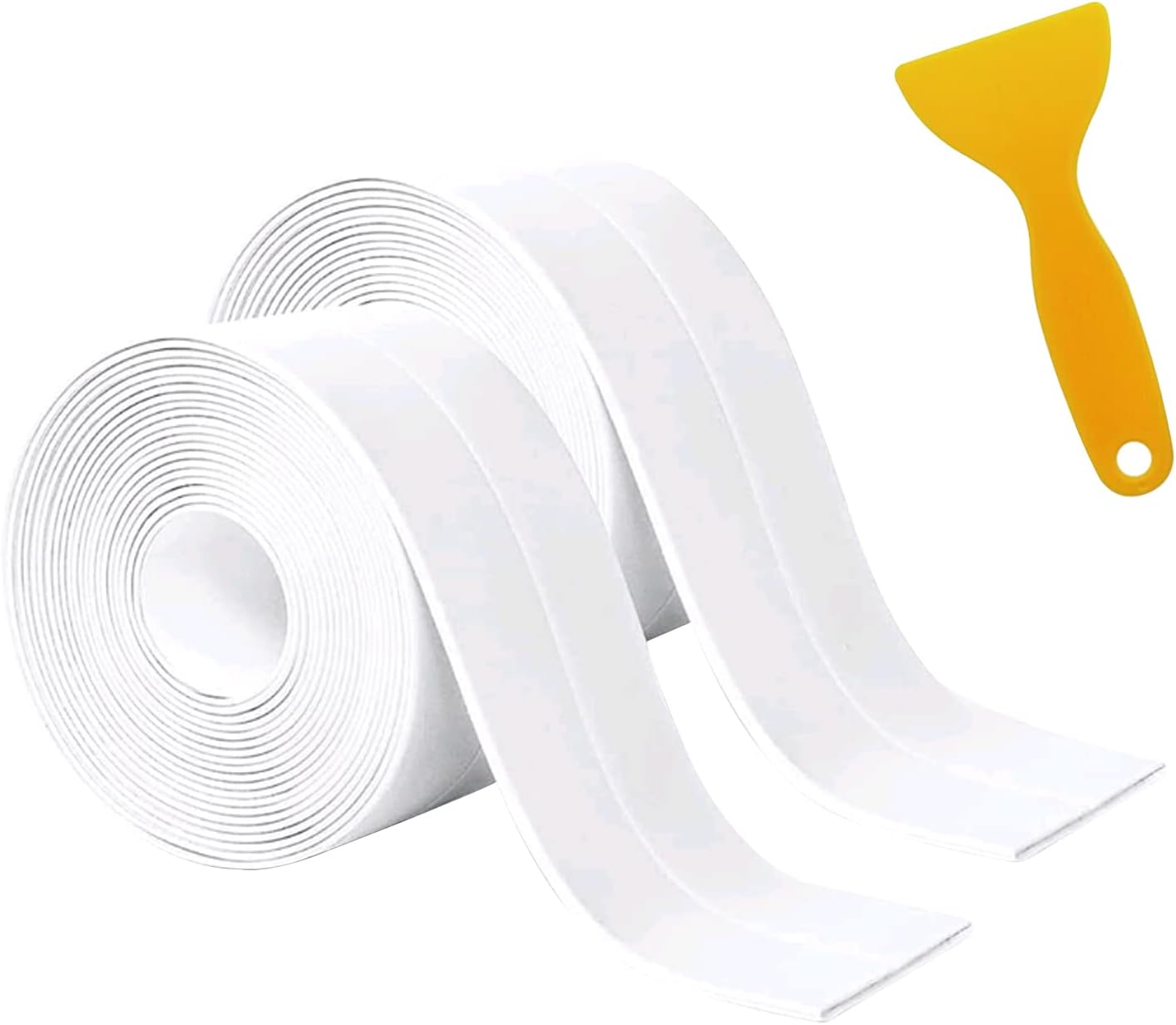 White Bath Sealant Strip - Waterproof Caulk Tape with Scraper Tool - Flexible and Durable Self Adhesive Tape for Bathroom, Kitchen, Tub and Wall Corner Edges