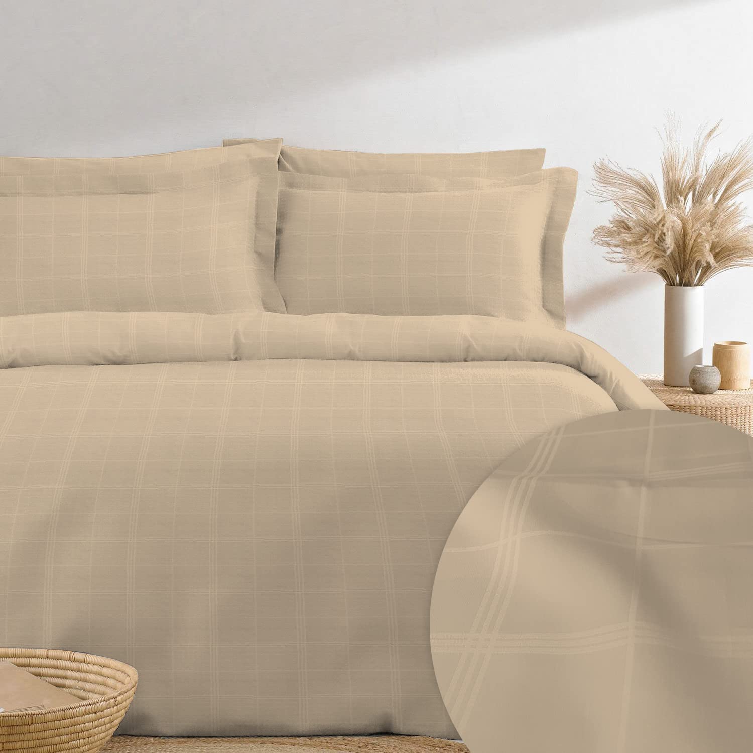 Pizuna 300TC Damask Check Super King Duvet Cover Set Taupe, 100% Long Staple Cotton Checke Taupe Bedding Set Lightweight Sateen Weave Duvet Cover Set with 4 Corner ties and Hidden Button Closure