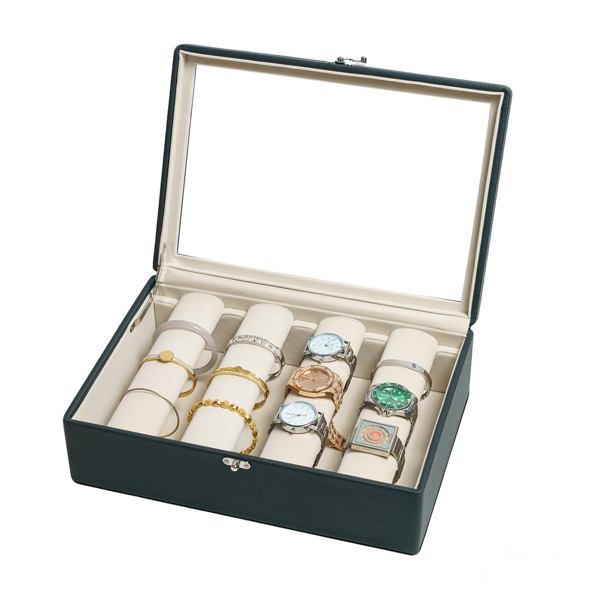 Jewelry Box Leather Bracelet Case Glass Lid with 4 Rods Beige Velvet Bangle and Watch Box for Woman