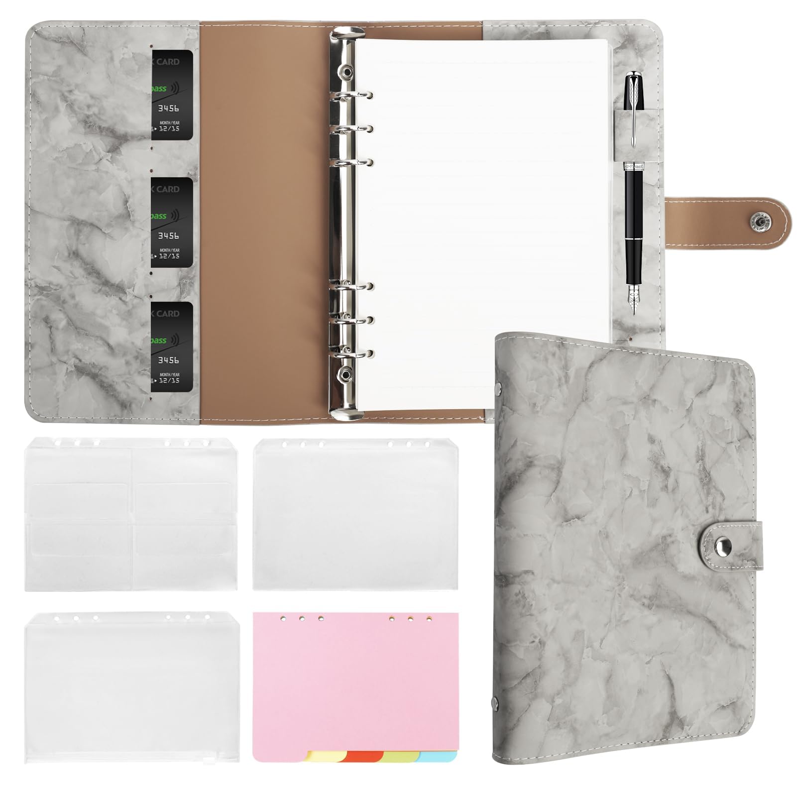 FYY A5 Binder Refillable Planner Notebook 6 Ring PU Leather Binder Journal with Pockets, Dividers, Refill Paper Marble Grey A5 Marble Grey