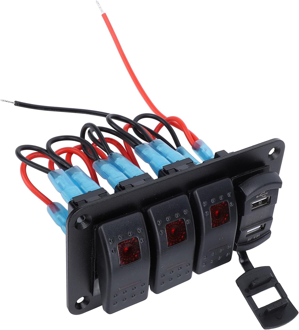 12V 24V 3 Gang Rocker Switch Aluminum Panel with Voltmeter Dual USB Fast Charging Multifuntional Switch Panel for Boat Car Truck (Red Light)