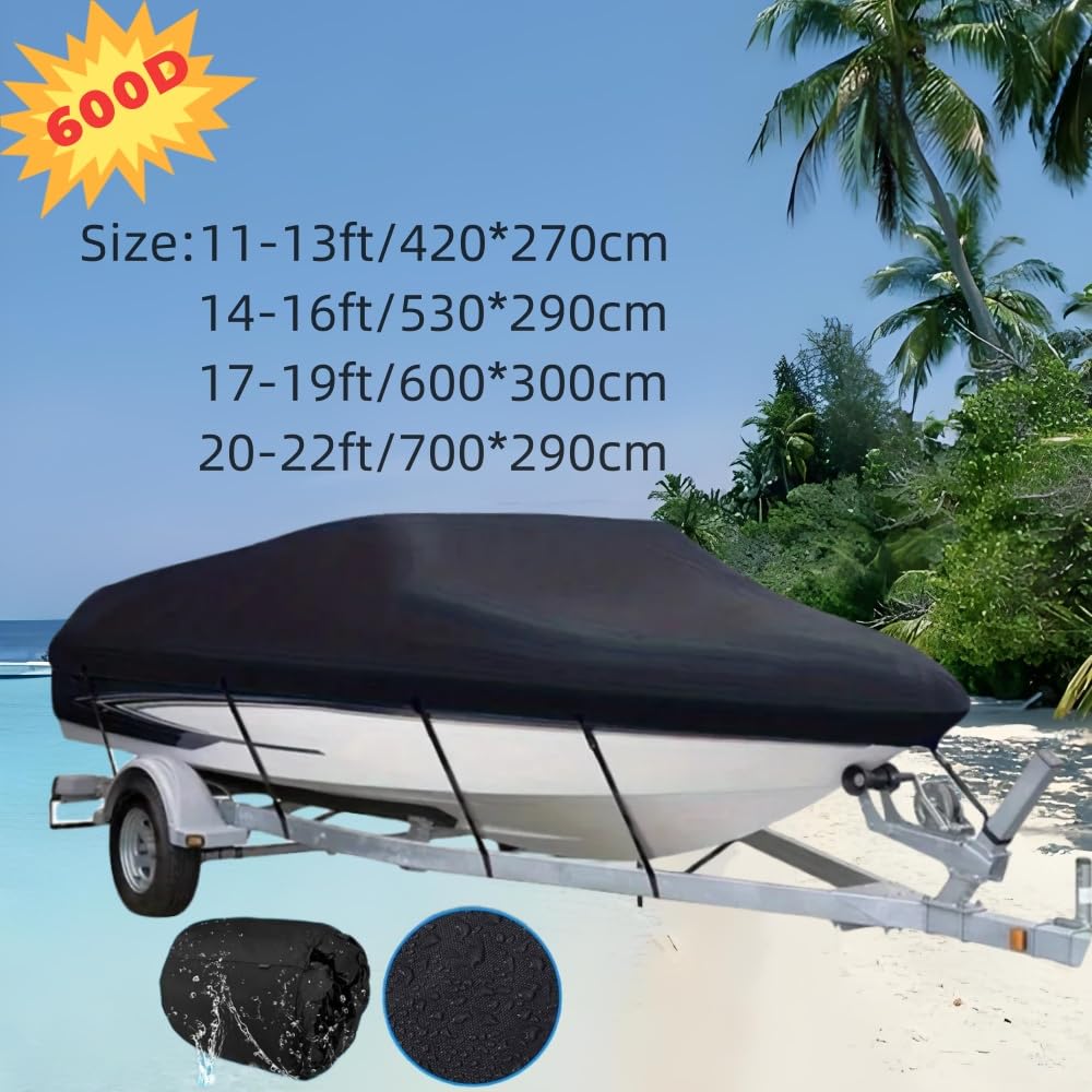Bootspersenning mit Außenborder Abdeckung,600D Oxford Gewebe Wasserdicht Staub Schutz Bootsplane,Schwarz Bootsplane für Yacht Schnellboot Angelboot V-Rumpf (Schwarz, 17-19FT)