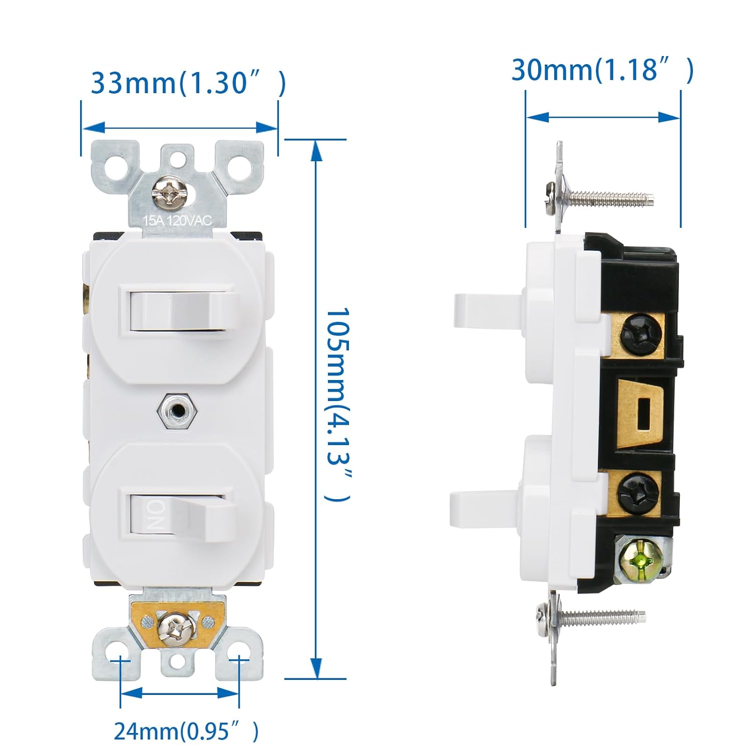 Baomain 10-Pack Double Toggle Light Switch,15 Amp 125V Two Single Pole Residential Grade,On/Off Electrical Wall Switch Self-grounding, Glossy White ETL Certified