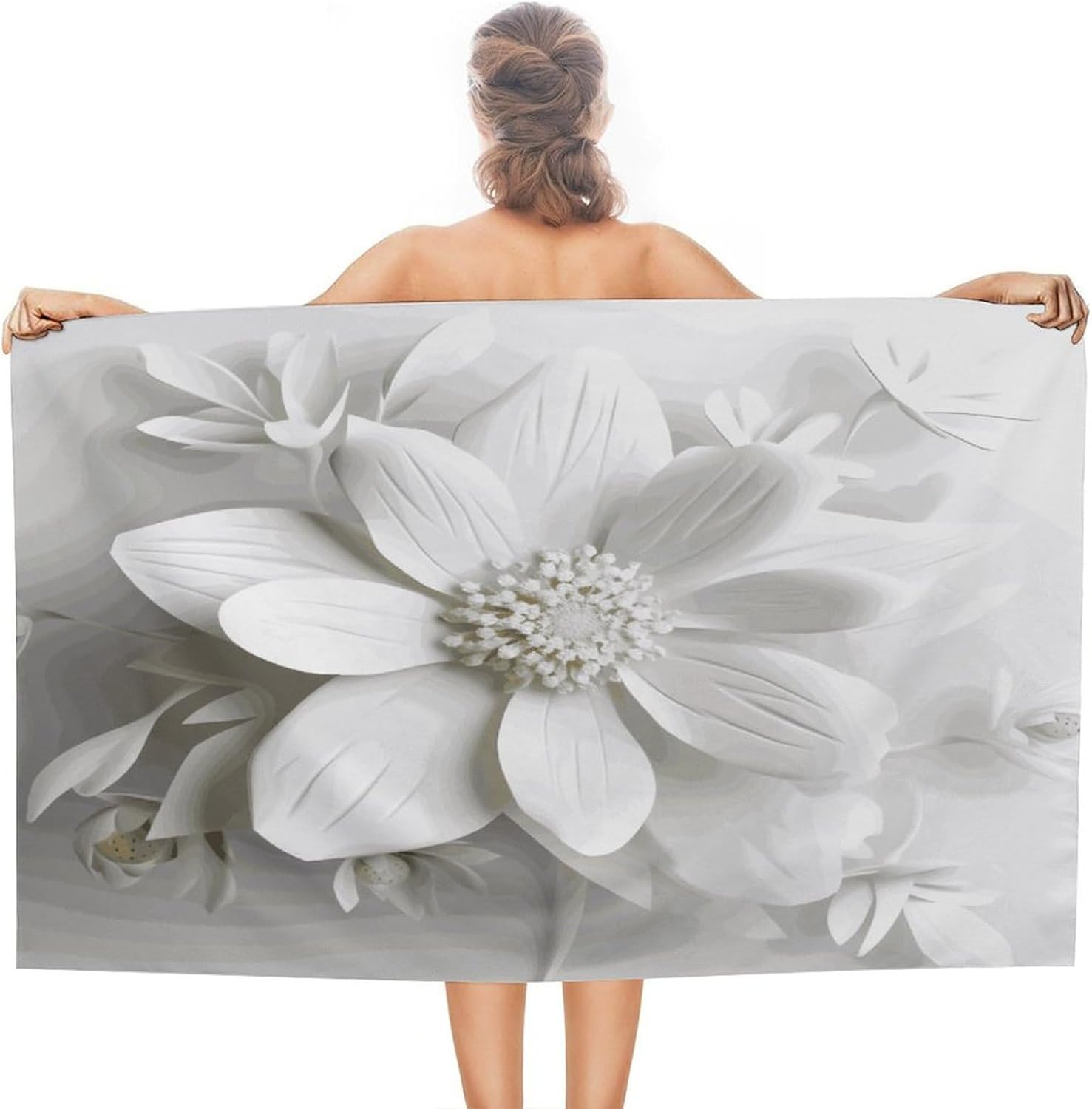 Swimming Towel, White Flower Printed Fashion Towel,Portable Towel,Durable Towel