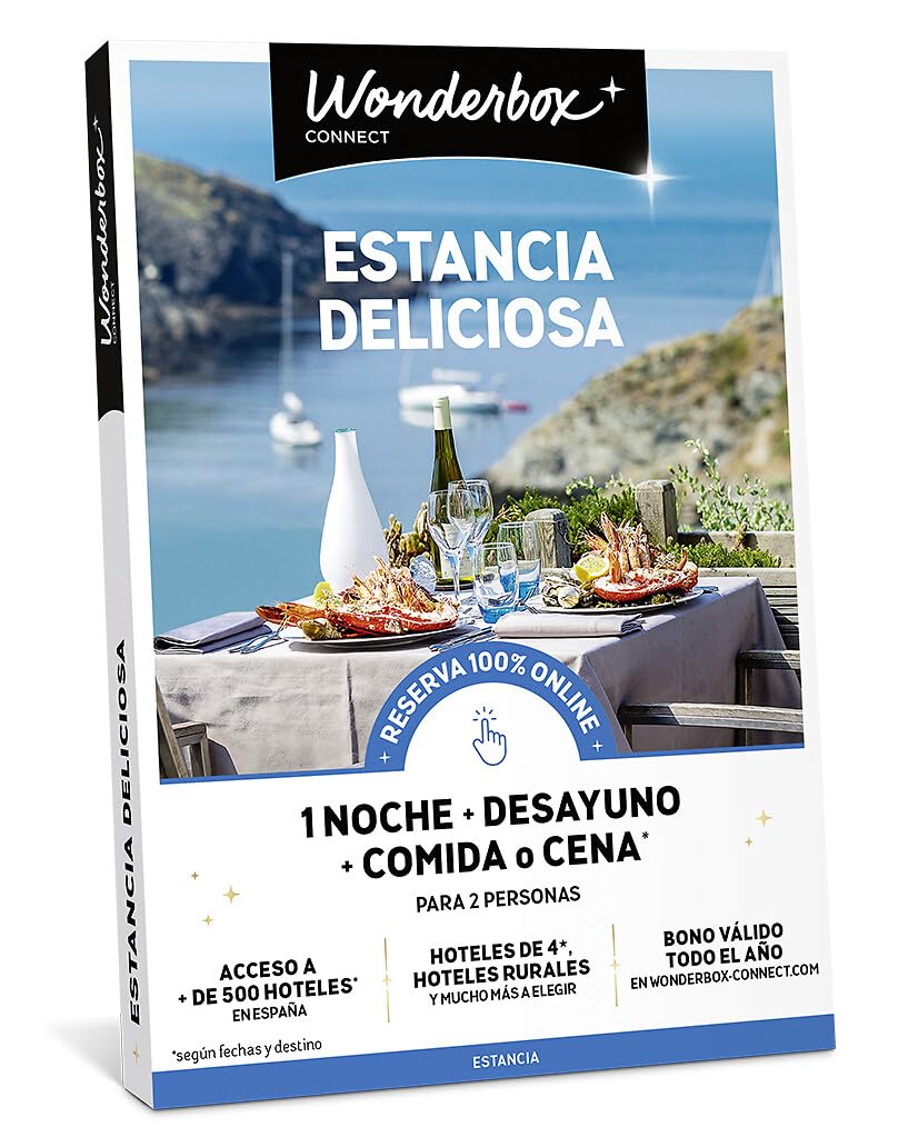 WONDERBOX – Cofre Regalo Estancia Deliciosa - 1 Noche en Media pensión para 2 Personas - Escapada para Parejas - Regalar experiencias - Hoteles en España con Comida o Cena incluida