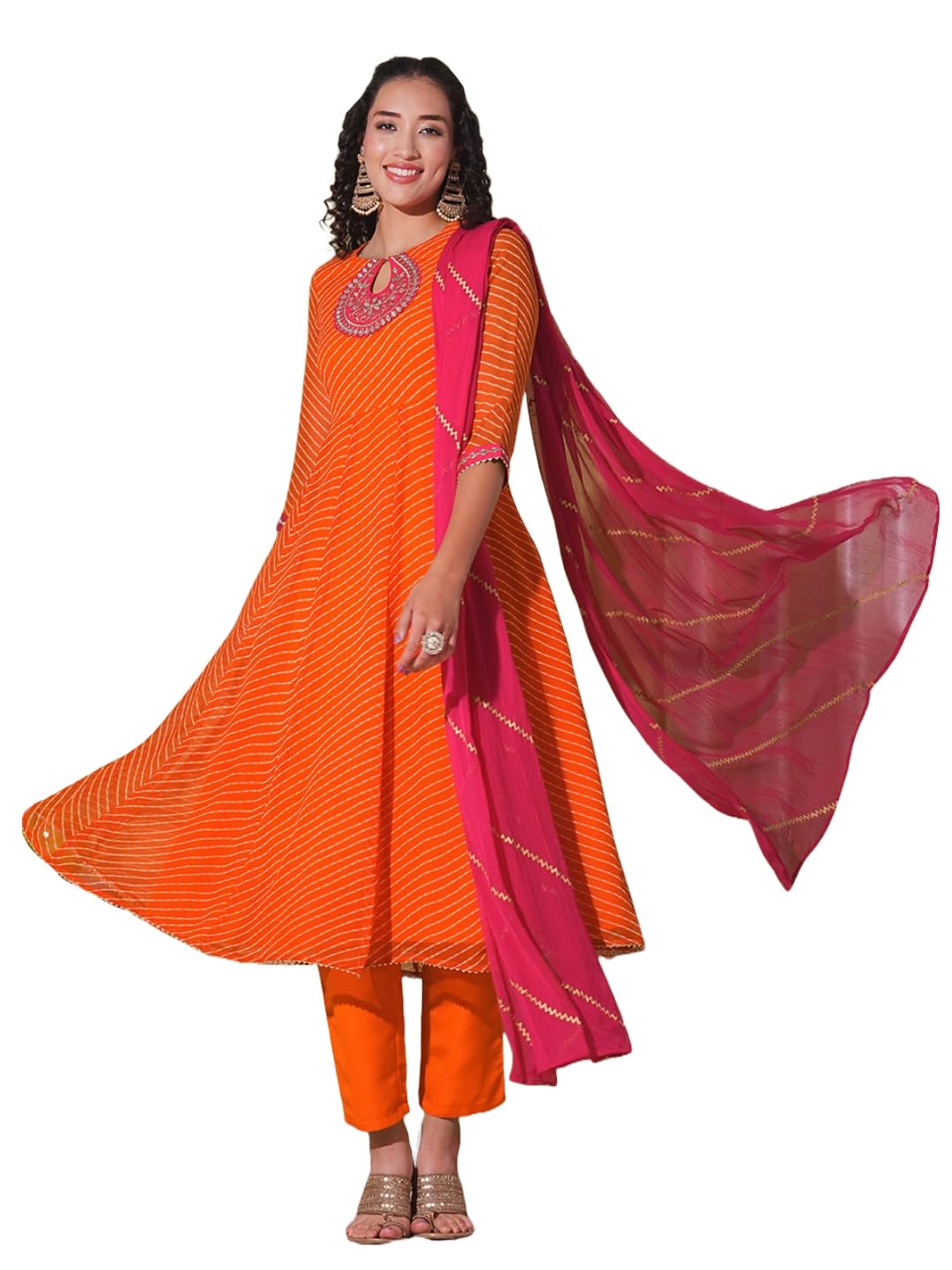 anni designer Women's Rayon Viscose Anarkali Leheriya Embroidered Kurta with Pant & Dupatta-picture-19