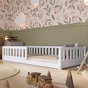 Cama Montessori 190x90 cm - Cama Infantil Fácil de Montar - Camas Infantiles Segura niños y niñas - con Protección contra Caídas - Blanco - Baja