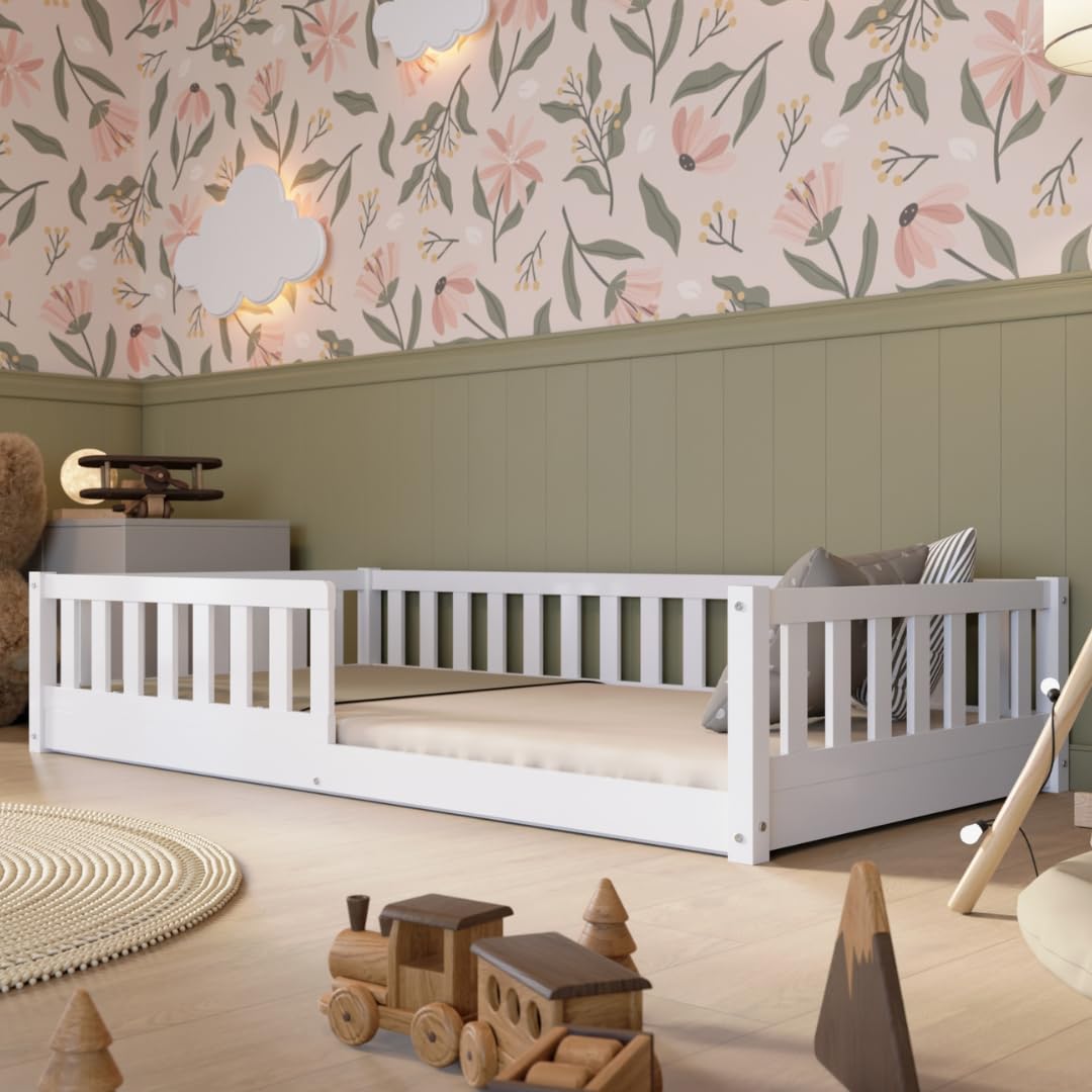 Montessori Bed 190 x 90 cm – Easy to Assemble Children's Bed – Safe Children's Beds for Boys and Girls – with Fall Protection – White – Low