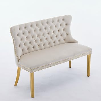 Velvet Double Dining Loveseat Bench with Wing Back, Tufted Upholstered 2-Seat Design,Golden Stainless Steel Legs, Modern Mid-Century Accent Seating for Dining Room, Kitchen, or Entryway Beige