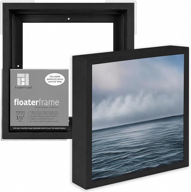 Ampersand Floaterframe Readymade Frame for Flat and 1 1/2" Deep Wood Panel and Canvas Artwork, Paintings, Prints, and More, 10"x10", Black Bold